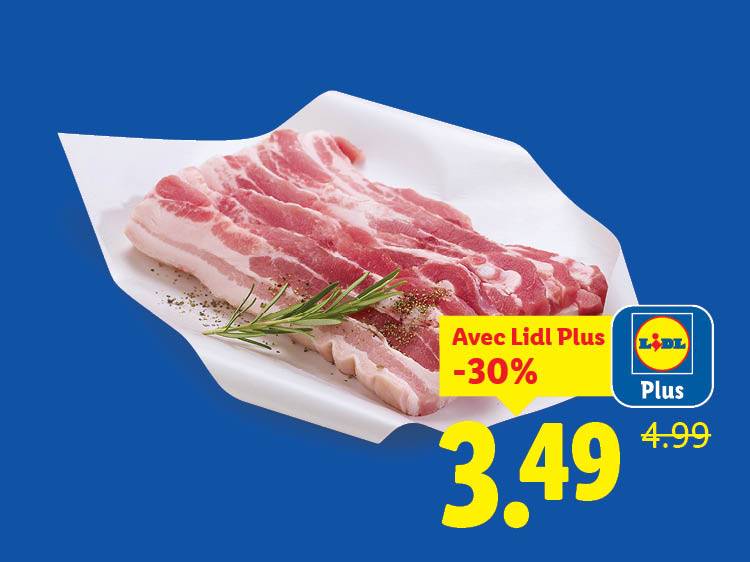 Tranches de poitrine de porc crues avec du romarin et des épices, prix réduit avec Lidl Plus.