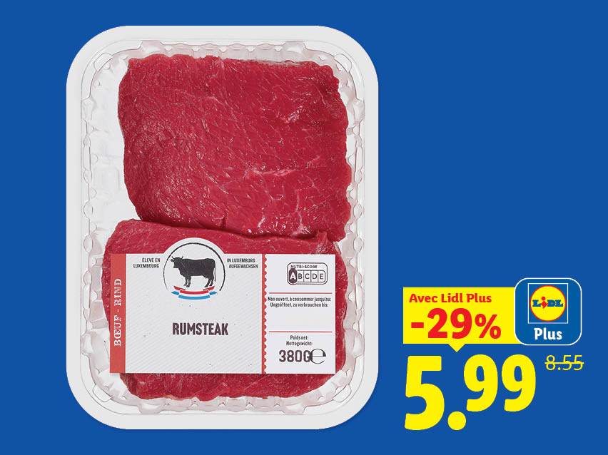Rumsteak de bœuf de 380g en promotion à 5,99€.