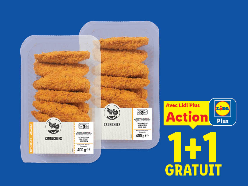 Deux emballages de Crunchies de volaille de 400 g avec l'offre Lidl Plus Action 1+1 gratuit