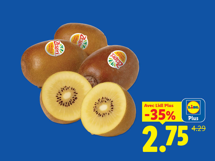 Kiwis jaunes Zespri SunGold entiers et coupés en deux, avec une offre Lidl Plus de -35% à 2,75 € au lieu de 4,29 €