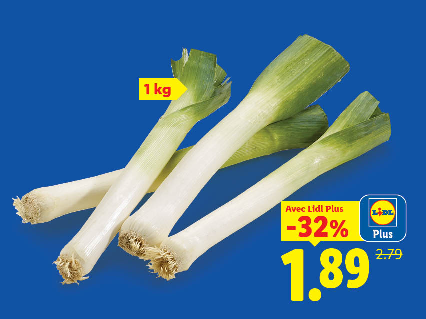 Poireaux frais de 1 kg avec une réduction Lidl Plus de -32% au prix de 1,89 € au lieu de 2,79 €.
