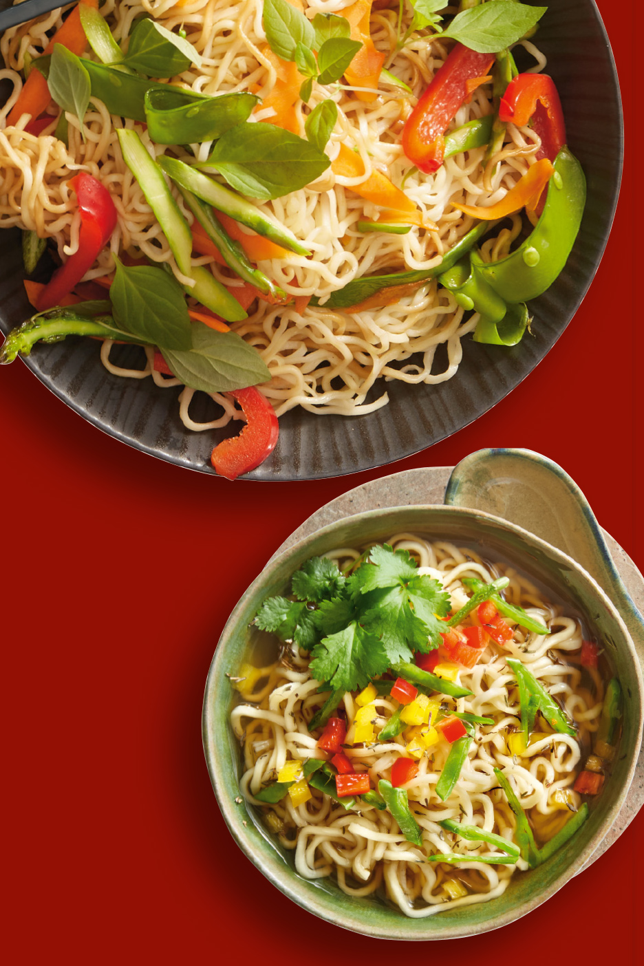 Nouilles asiatiques avec légumes et herbes, servies en plat et en soupe.