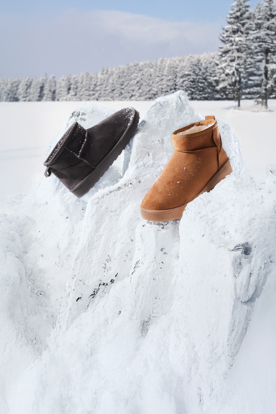 Deux bottes d'hiver, une marron et une noire, posées sur des rochers enneigés dans un paysage hivernal.