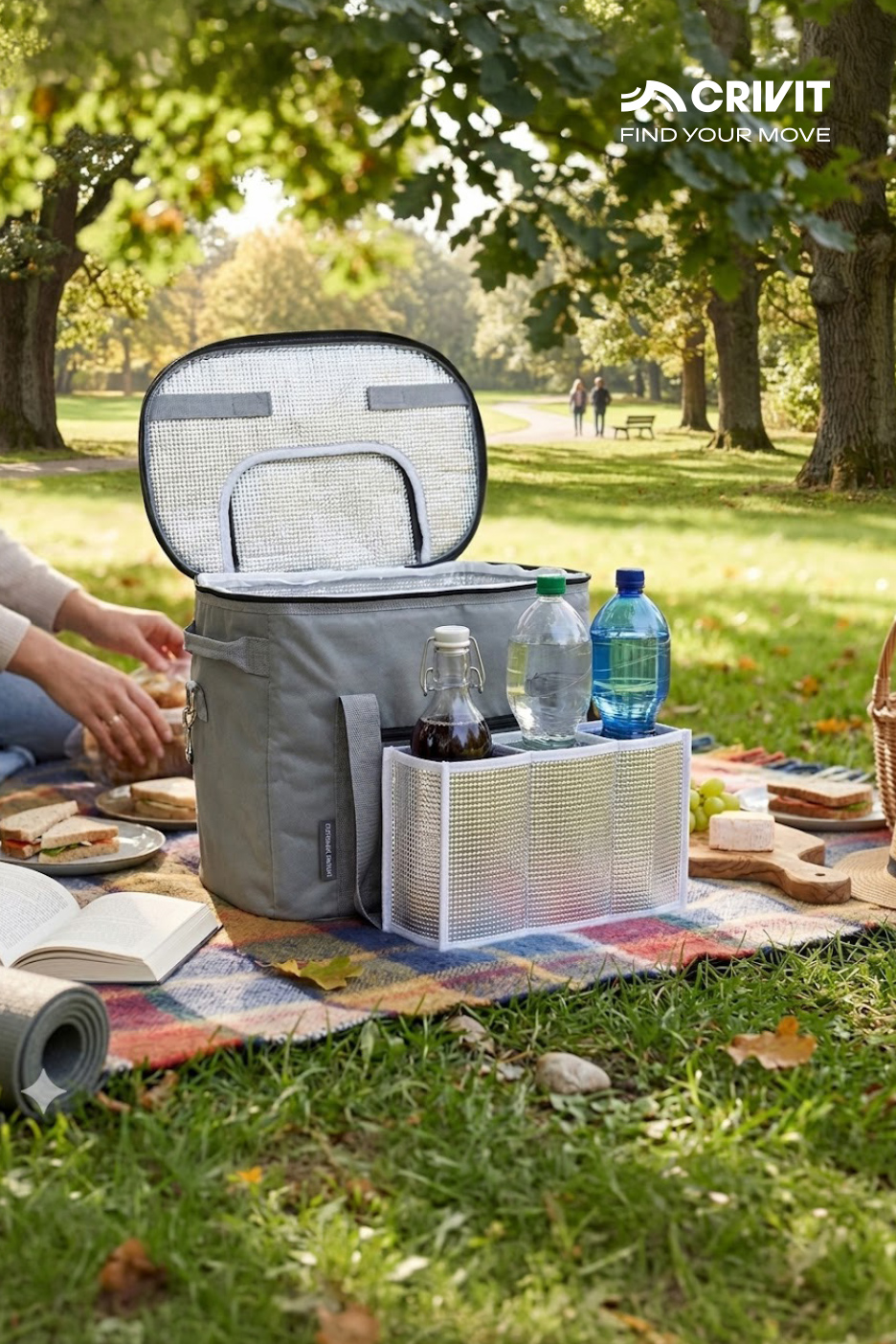 Sac isotherme ouvert avec boissons et pique-nique sur une couverture dans un parc verdoyant.