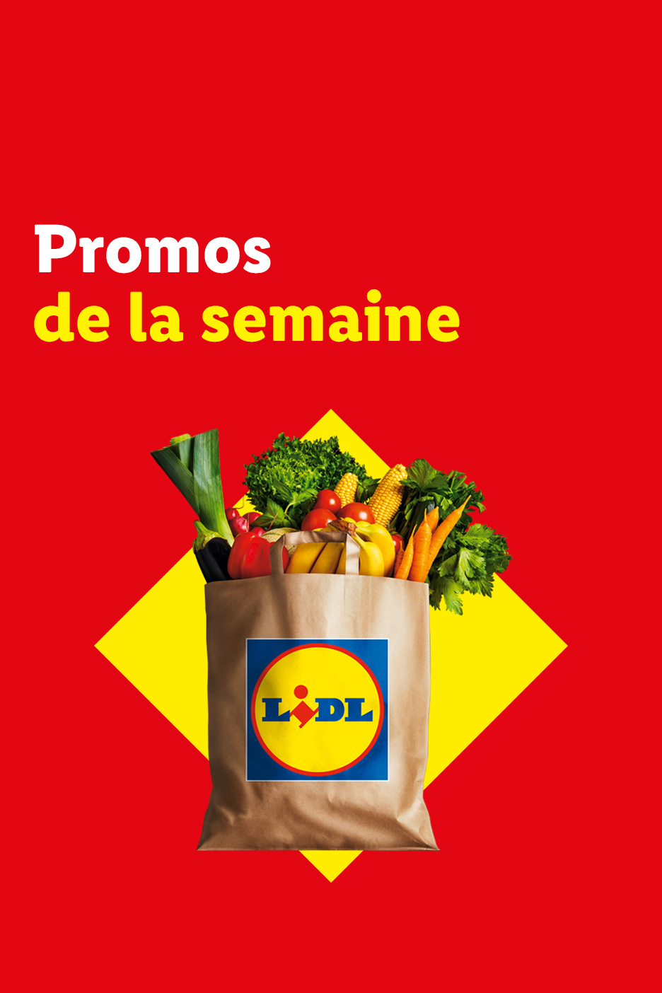 Sac de courses rempli de fruits et légumes frais sur fond rouge et jaune, avec le texte 'Promos de la semaine'.