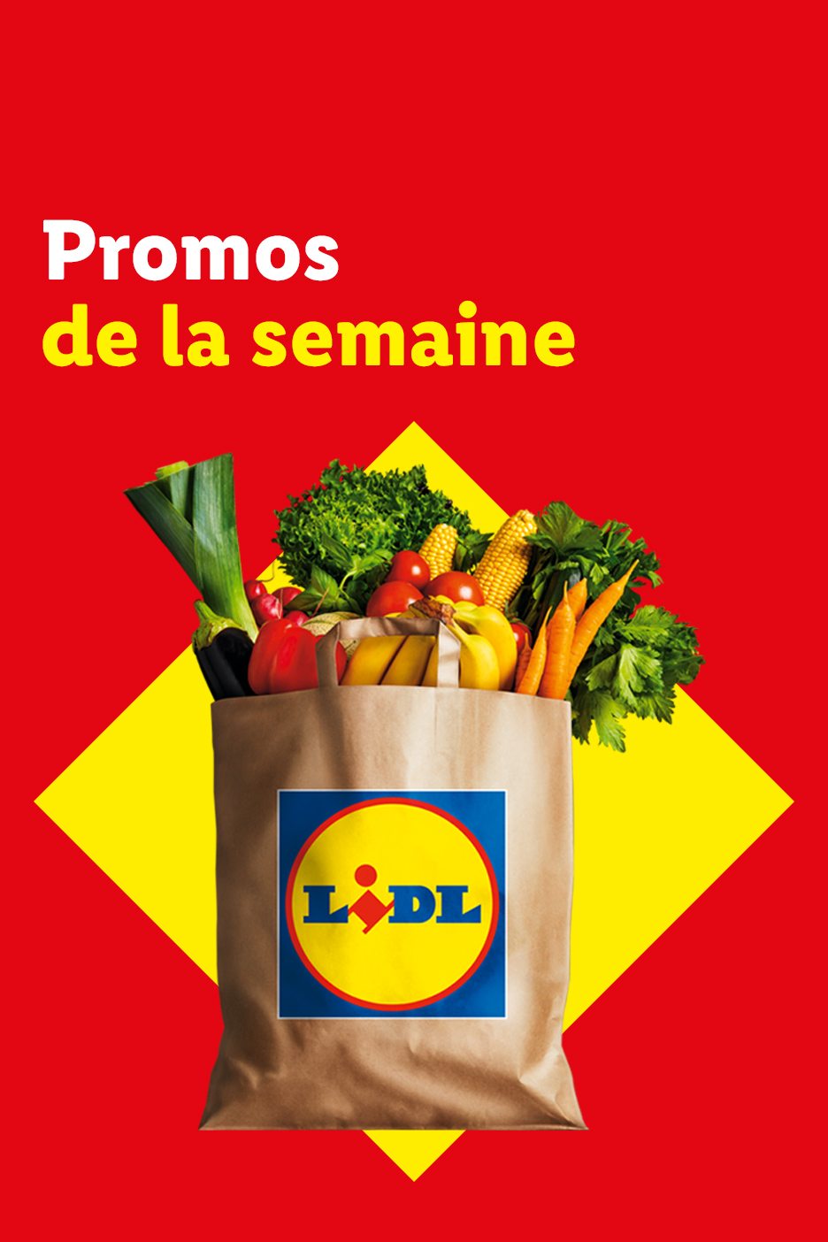 Promotions de la semaine : un sac en papier rempli de fruits et légumes frais.