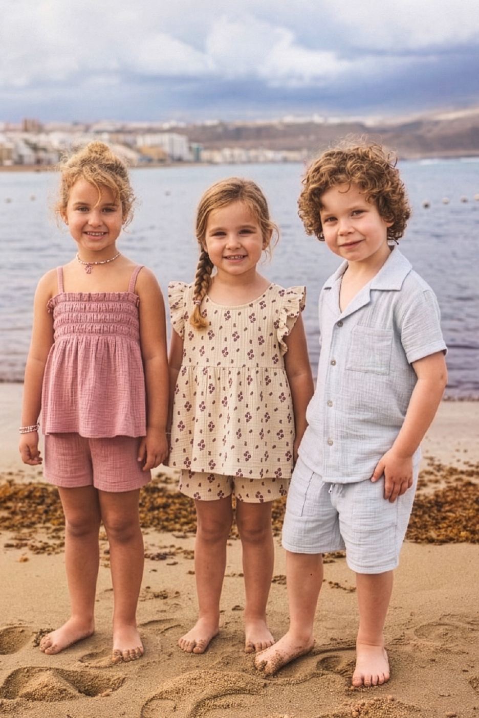 Trois enfants souriants sur la plage, vêtus de tenues d'été en mousseline de coton.