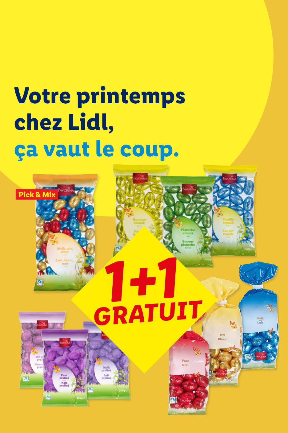 Assortiment de chocolats de Pâques en forme d'œufs et de lapins, avec une offre 1+1 gratuit.