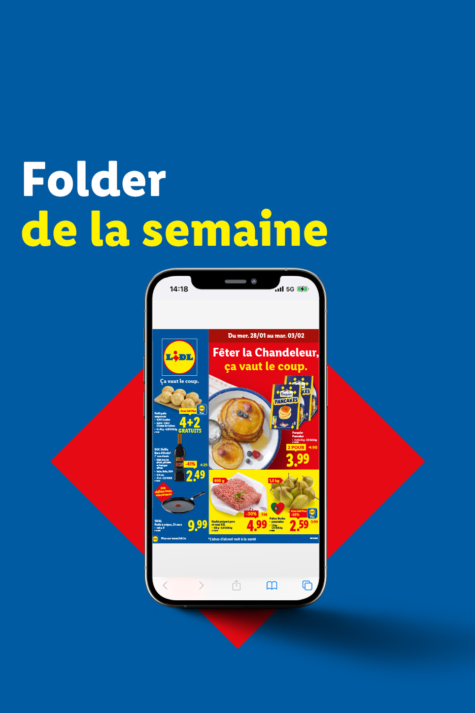 Un dépliant numérique Lidl pour la Chandeleur, avec des crêpes, de la viande hachée et des poires.