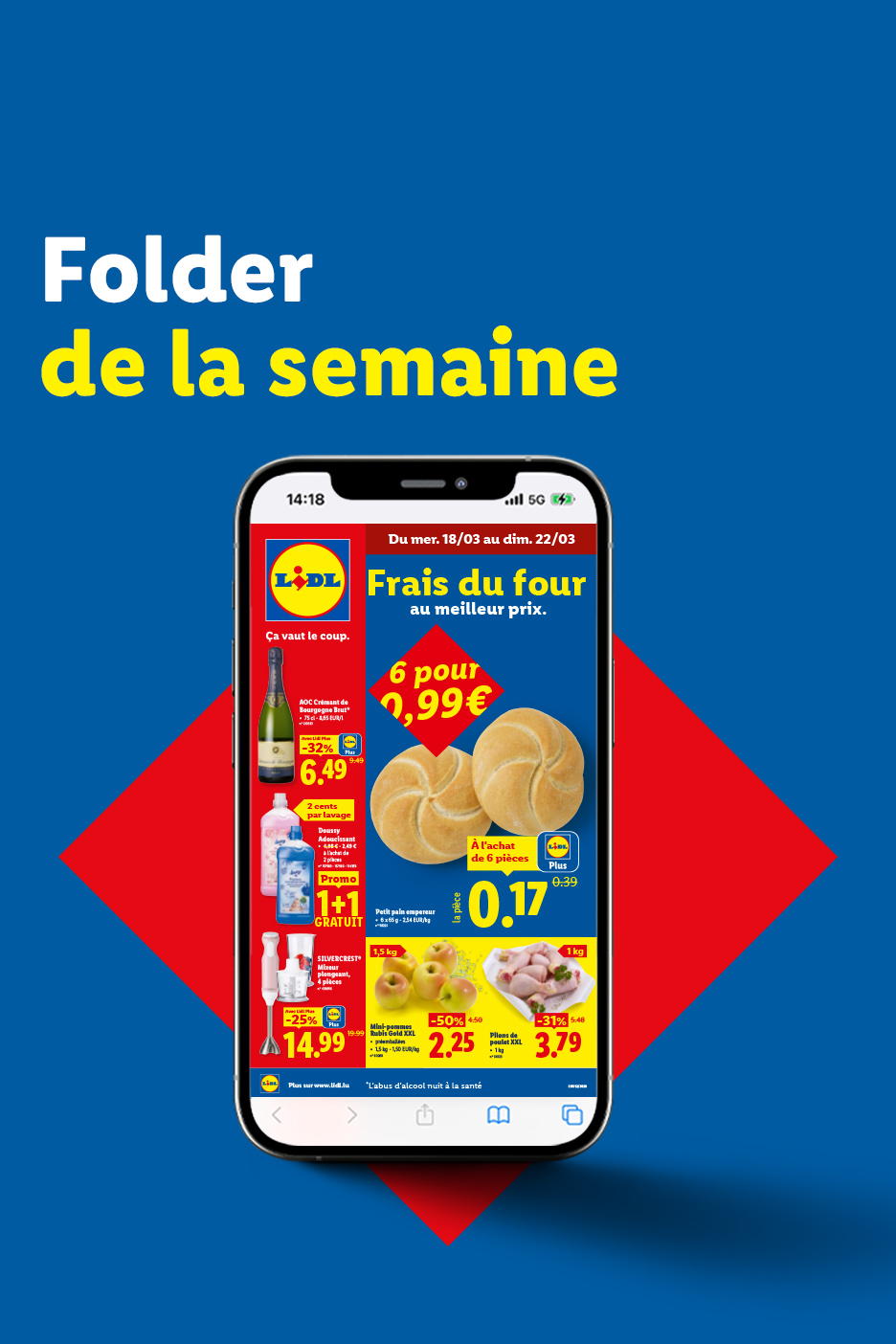 Un smartphone affichant des promotions sur des produits frais, des boissons et des articles ménagers, avec le texte 'Folder de la semaine'.