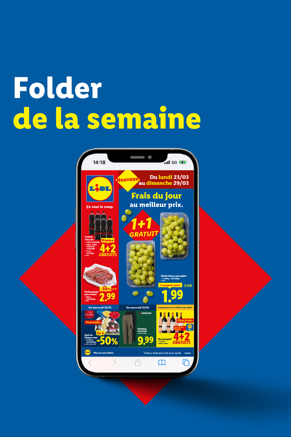 Un dépliant de la semaine affichant des promotions sur des boissons gazeuses, de la viande hachée, des œufs de Pâques, des pantalons et du vin.