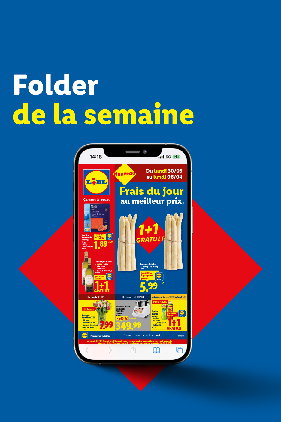 Un dépliant de la semaine Lidl affiché sur un téléphone, avec des asperges, du saumon et du vin.