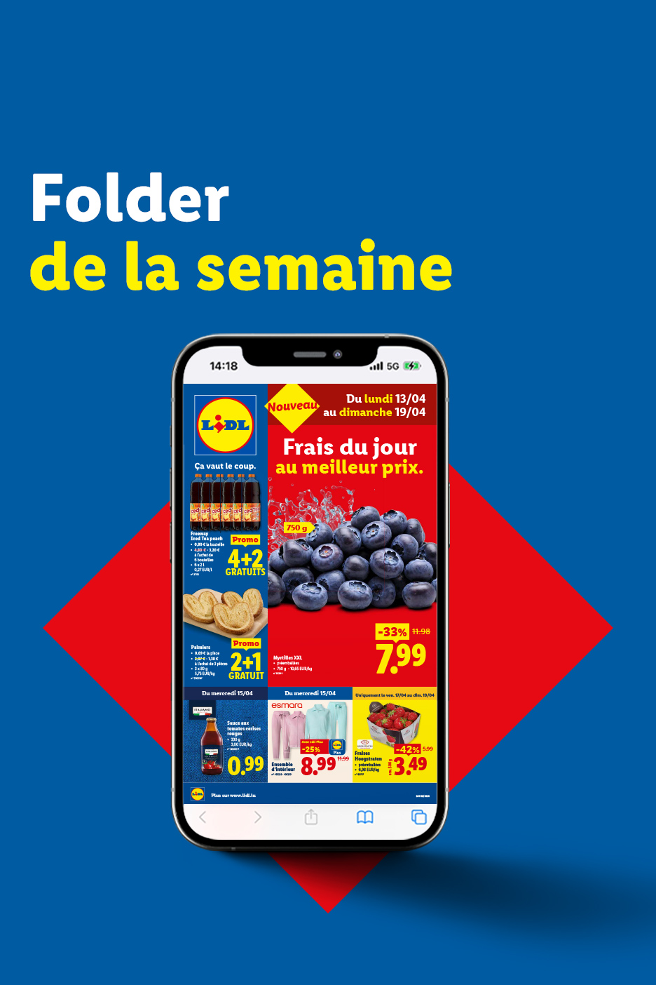 Publicité pour des myrtilles, des fraises, des palmiers et des boissons, avec des réductions et des offres spéciales.