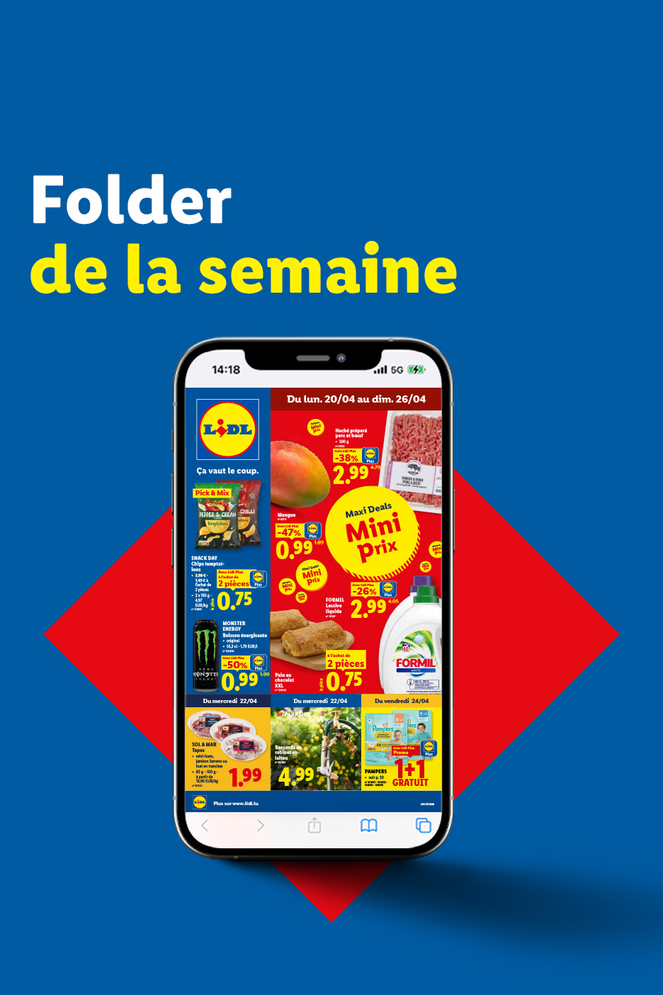 Un dépliant numérique de la semaine affichant des offres sur la viande hachée, les mangues, les chips, les boissons énergisantes, la lessive et les tapas.