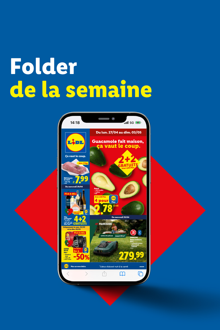 Un dépliant numérique présentant des offres sur l'avocat, la viande et la bière, ainsi qu'un robot tondeuse.