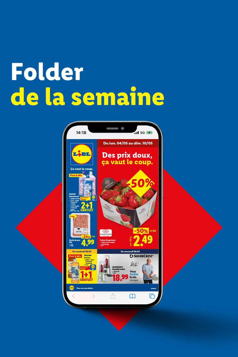 Publicité pour des fraises, de l'adoucissant, de la viande hachée et un mixeur, avec des réductions et des offres 2+1.