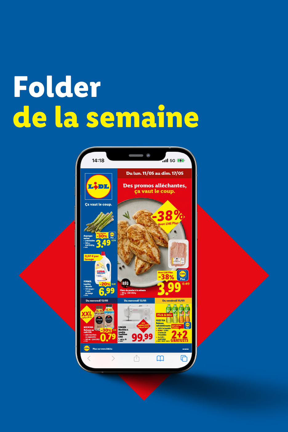 Un smartphone affichant des promotions Lidl sur des asperges, du poulet et des boissons.