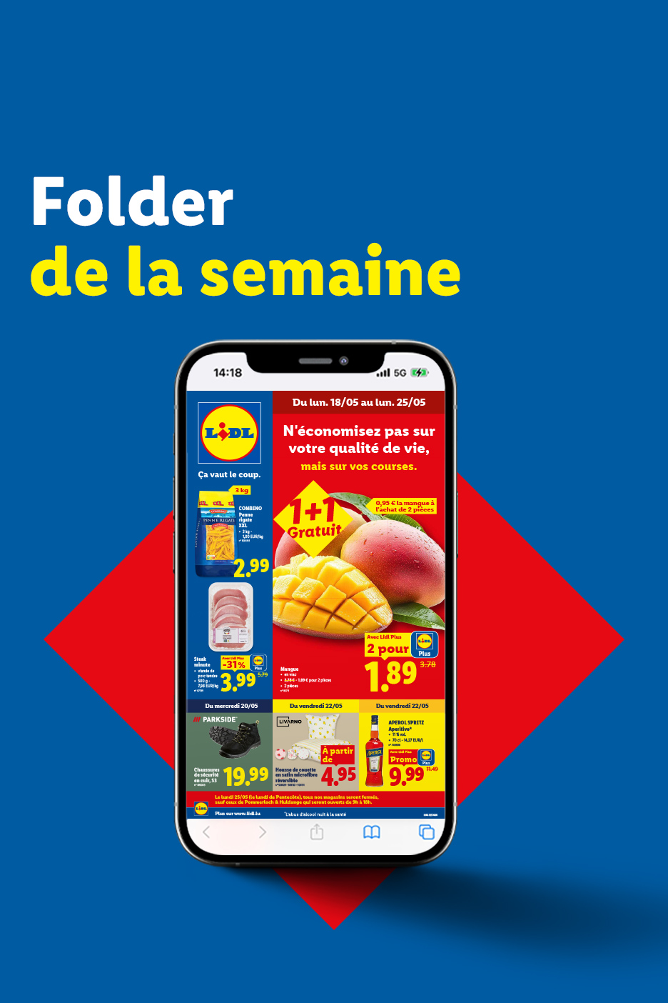 Un dépliant numérique de la semaine de Lidl, affichant des offres sur les mangues, les pâtes et la viande.