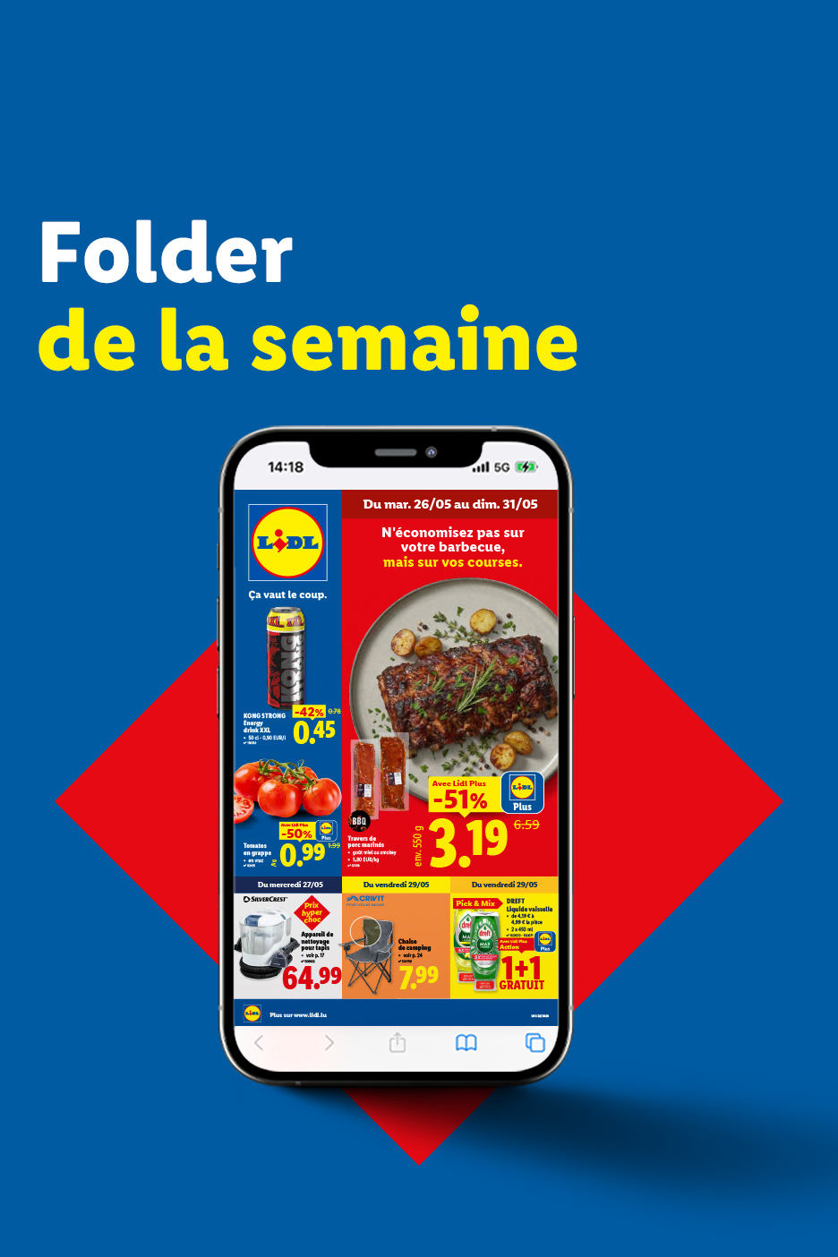 Un smartphone affichant une publicité pour des travers de porc marinés, des tomates et une boisson énergisante.