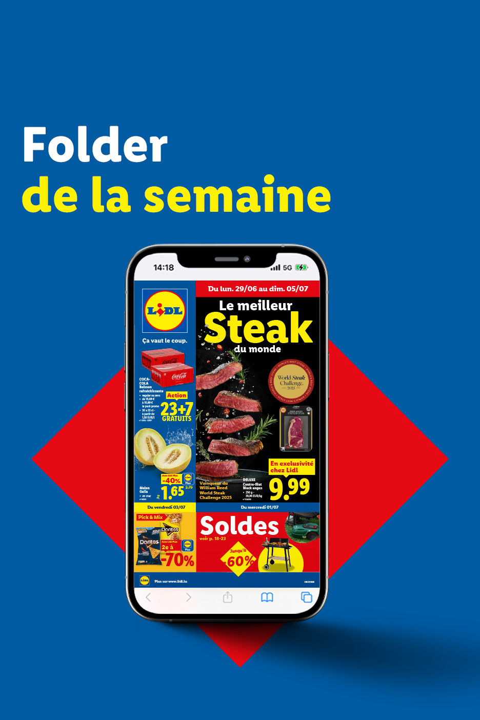 Un dépliant numérique Lidl présentant des offres sur le steak, les boissons gazeuses, le melon et les chips, avec des soldes.