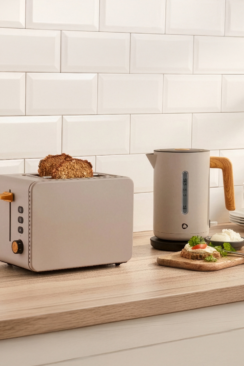 Grille-pain et bouilloire beiges sur un comptoir en bois avec des carreaux blancs.