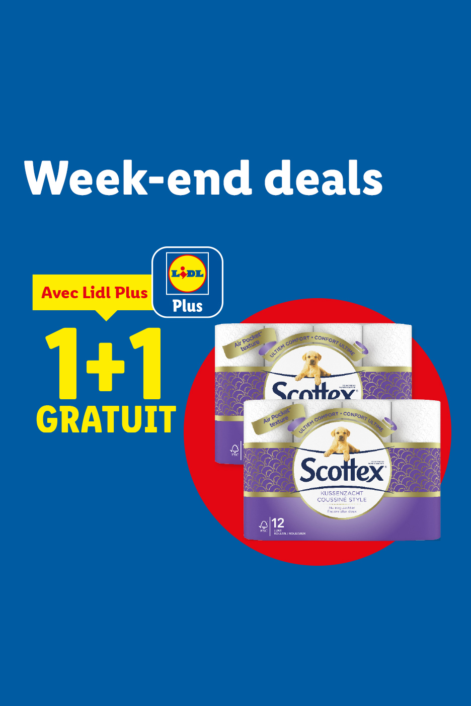 Offre 1+1 gratuit sur le papier toilette Scottex chez Lidl Plus.