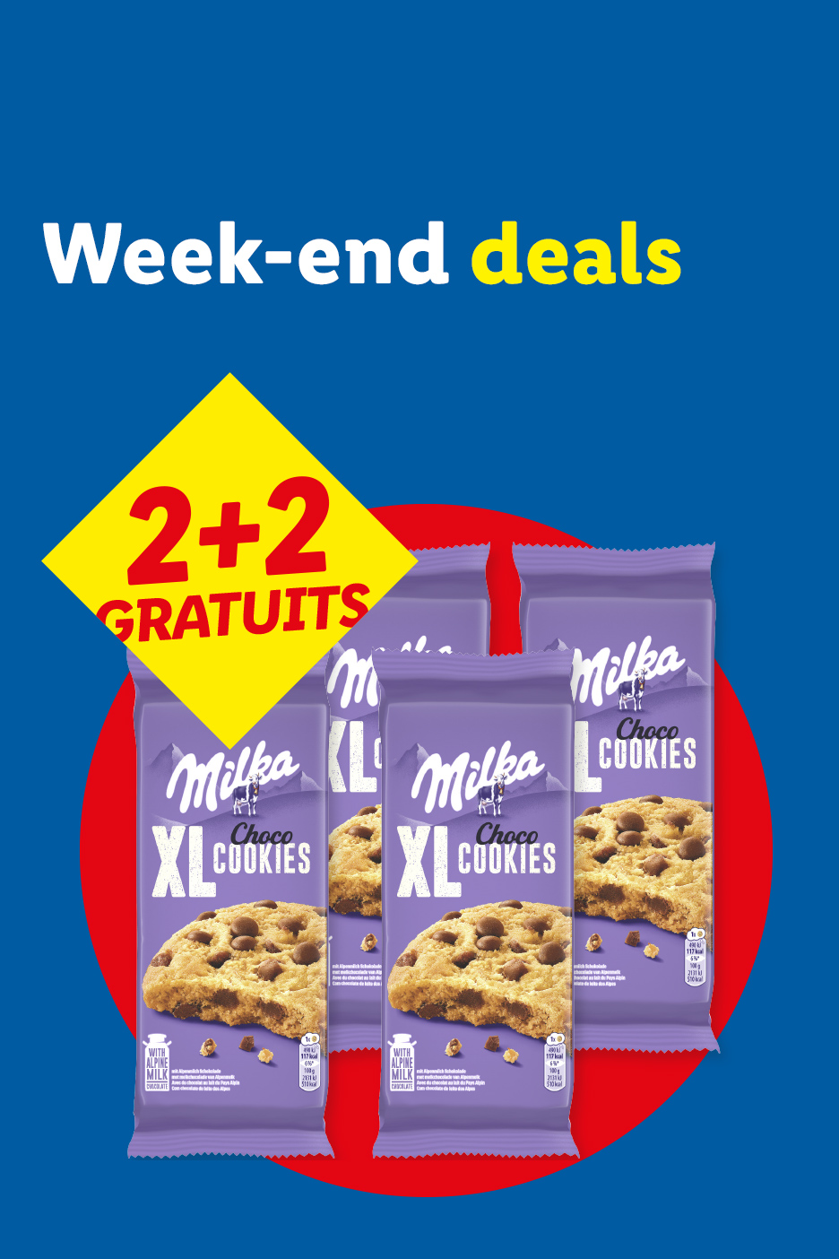 Offre spéciale week-end : 2+2 gratuits sur les paquets de biscuits aux pépites de chocolat.