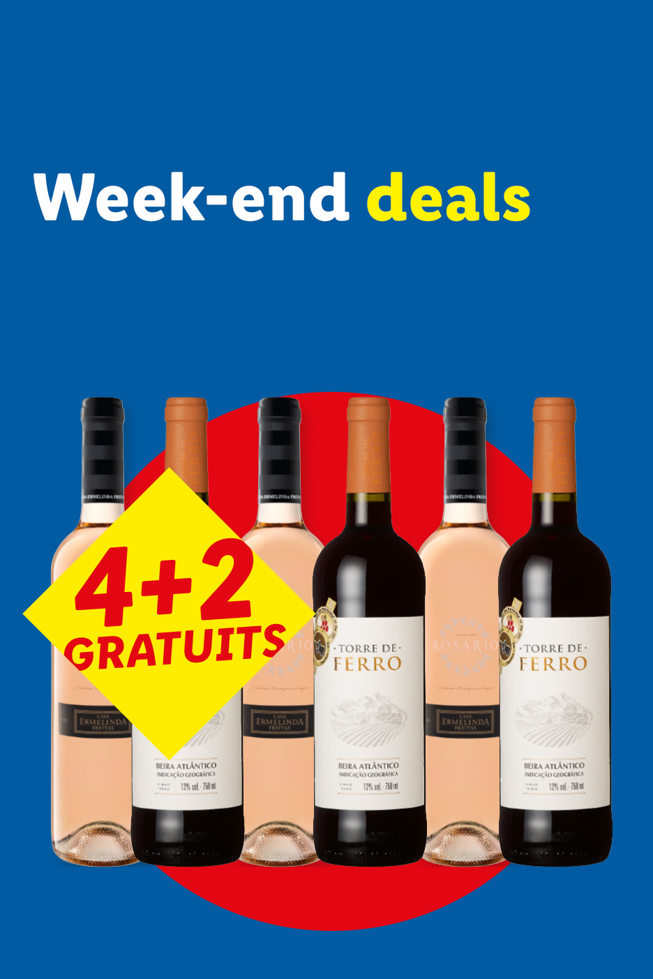 Offre de fin de semaine : 6 bouteilles de vin, dont 2 gratuites.