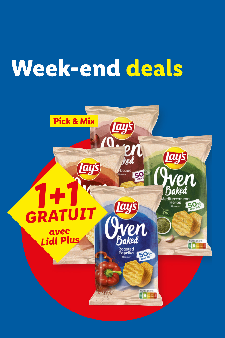 Offres du week-end : 1+1 gratuit sur les chips de pommes de terre cuites au four, avec Lidl Plus.