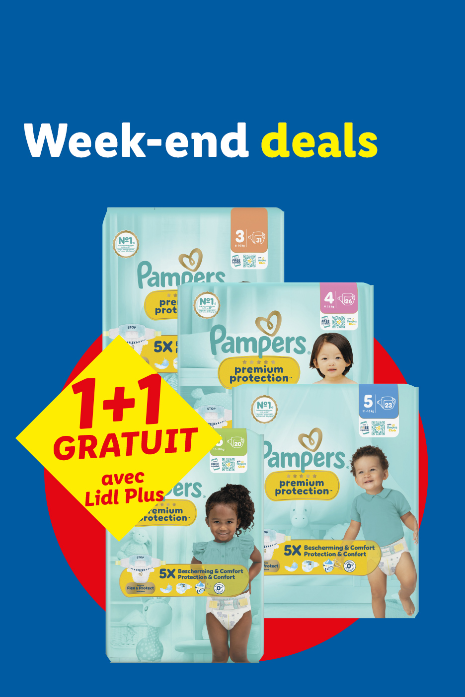 Offres de week-end : couches pour bébés avec une promotion 1+1 gratuit via Lidl Plus.