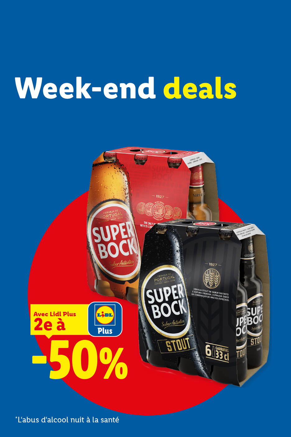 Offre de bières en pack de 6, avec une réduction de 50% sur le deuxième article.