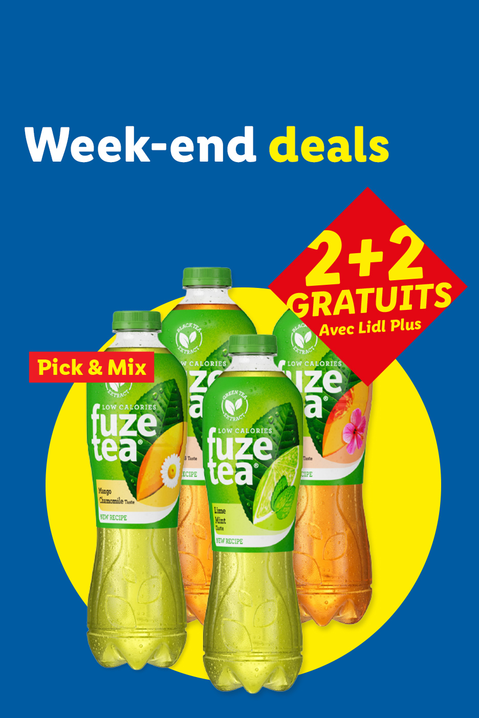 Offres de week-end : 2+2 gratuits sur les thés glacés, saveurs mangue-camomille et citron-menthe.