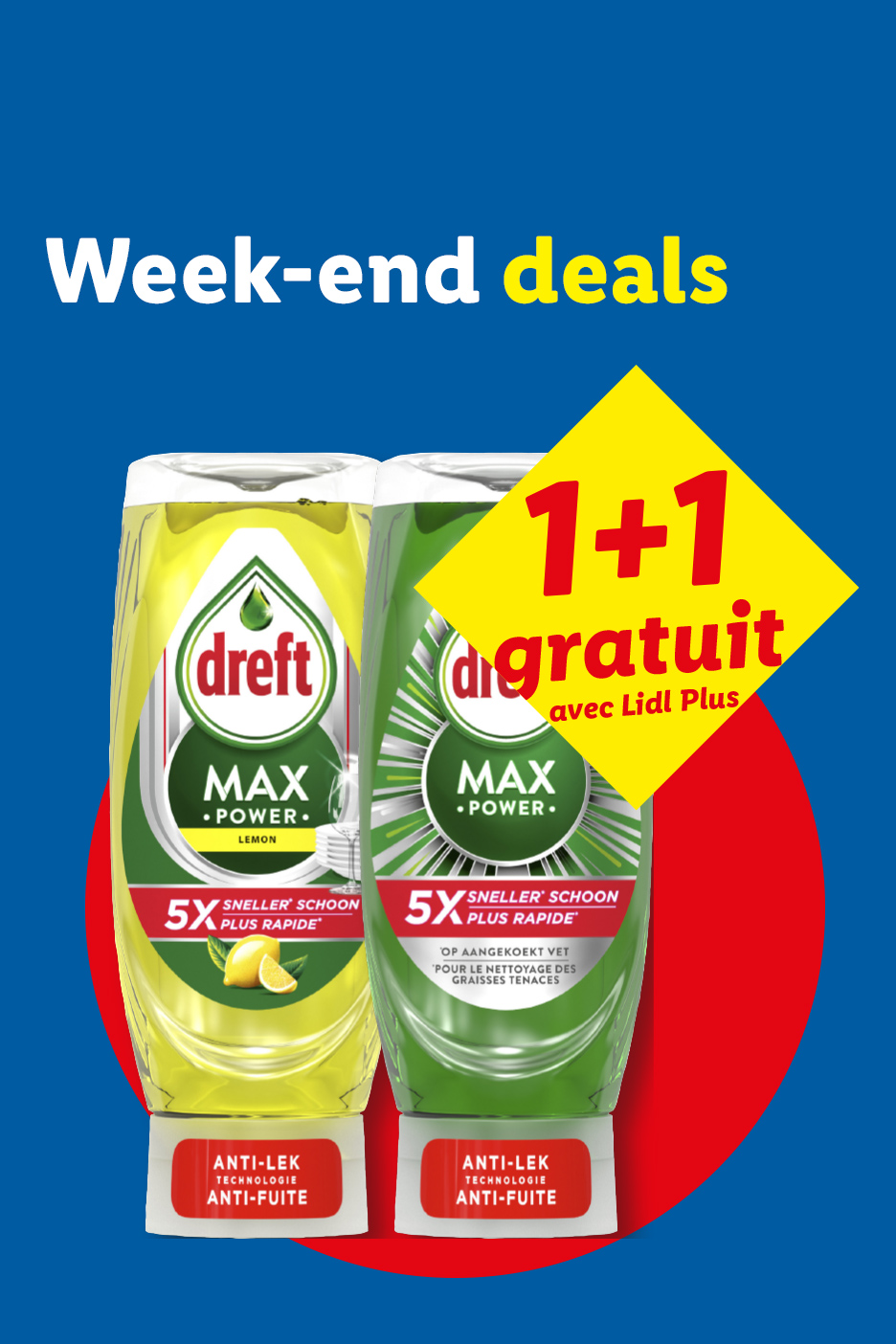 Offre 1+1 gratuit sur deux bouteilles de liquide vaisselle, avec le texte 'Week-end deals'.