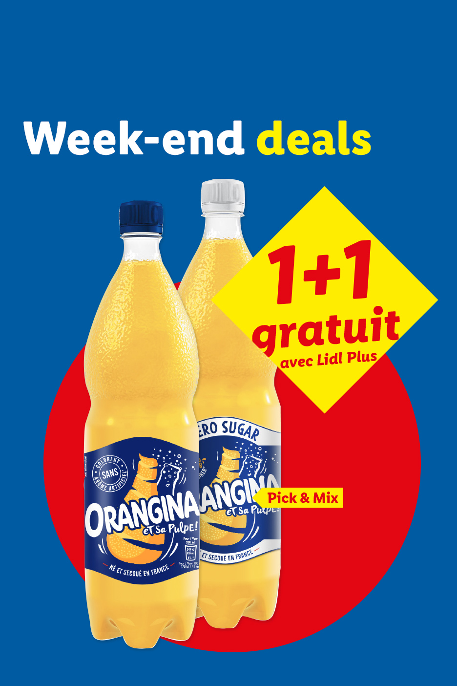 Offres de week-end : deux bouteilles de boisson aux agrumes, une achetée, une gratuite avec Lidl Plus.