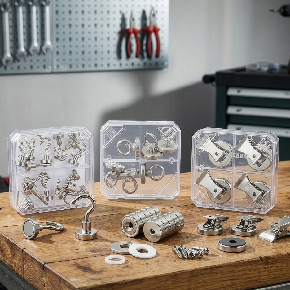 Assortiment d'aimants de différentes formes, y compris des crochets et des anneaux, sur une table en bois.