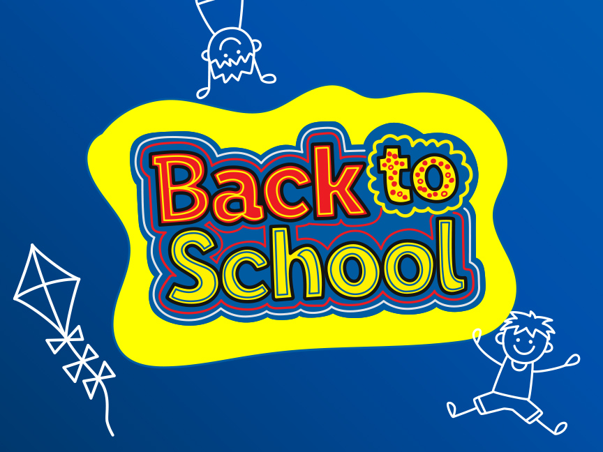 Un panneau jaune et rouge avec l'inscription 'Back to School' sur fond bleu avec des dessins d'enfants et un cerf-volant.