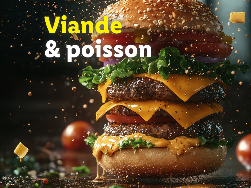 Un hamburger géant avec du texte 'Viande & poisson' flottant au-dessus.