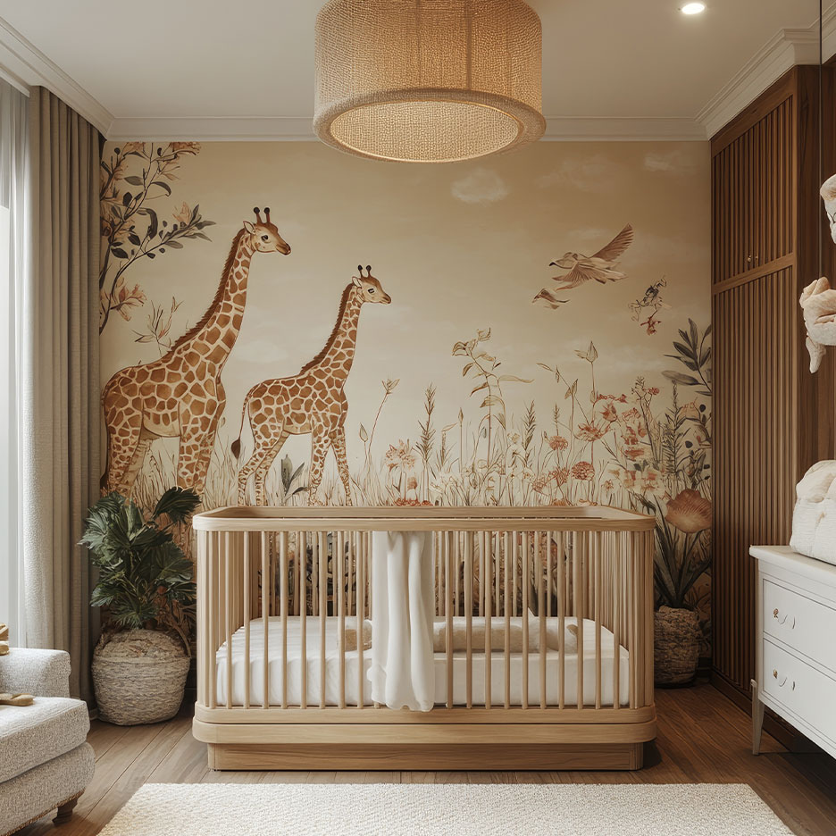 Chambre de bébé avec un berceau en bois, du papier peint girafe et des armoires en bois.