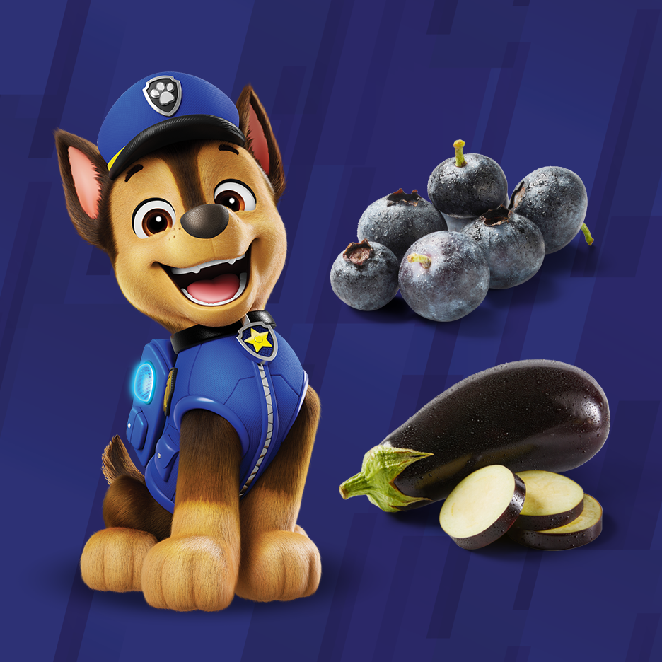 Chien de dessin animé en uniforme de police, myrtilles et aubergine sur fond bleu.