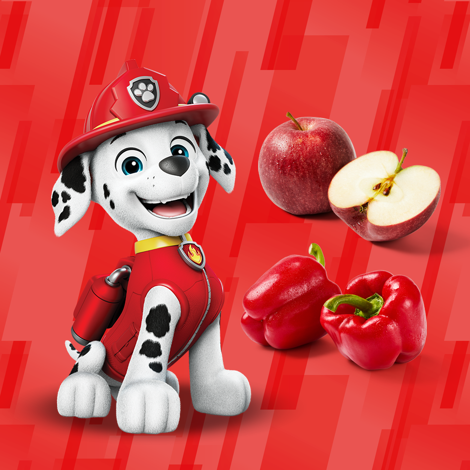 Marshall de la Pat' Patrouille avec des pommes et des poivrons rouges sur fond rouge.