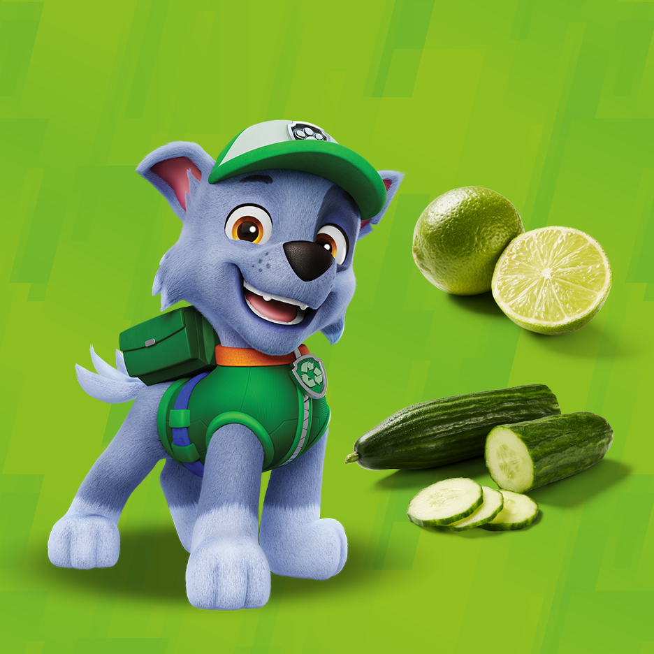 Chien de dessin animé avec des citrons verts et des concombres sur fond vert.