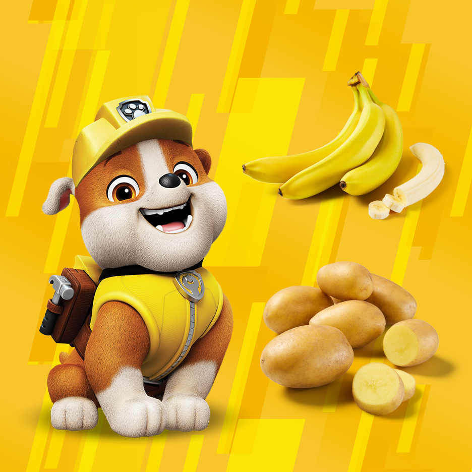 Chiot de dessin animé avec bananes et pommes de terre sur fond jaune.