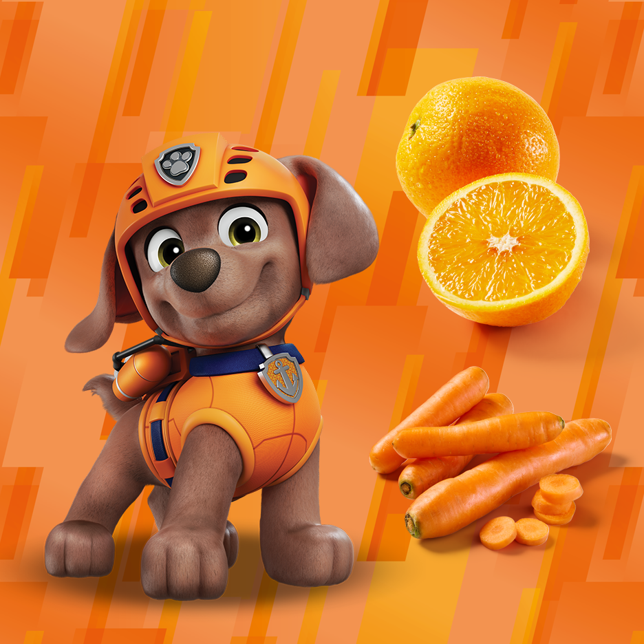 Chiot de dessin animé avec des oranges et des carottes sur fond orange.