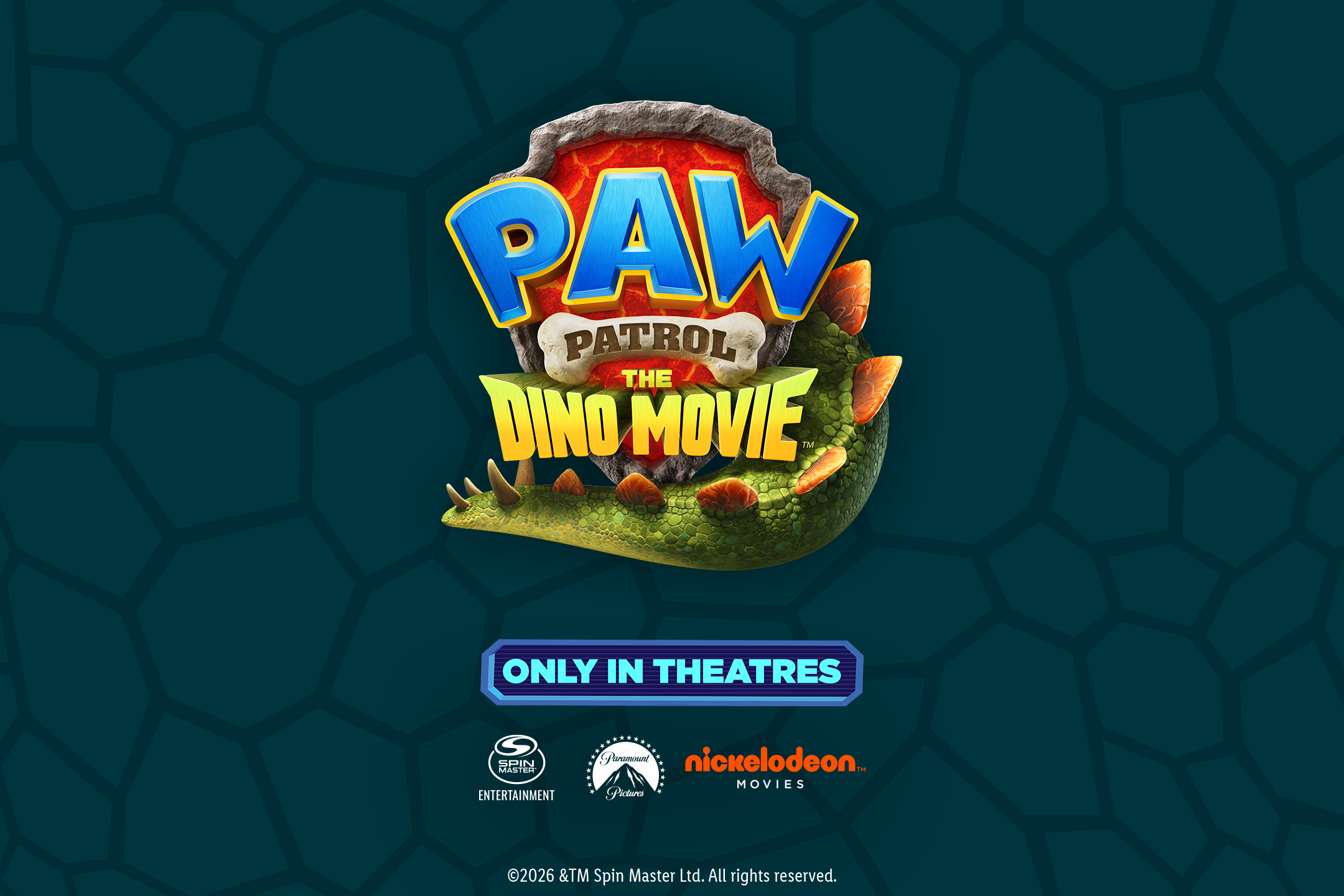 Affiche de PAW Patrol The Dino Movie avec un thème de dinosaures et le texte 'SEULEMENT AU CINÉMA'.