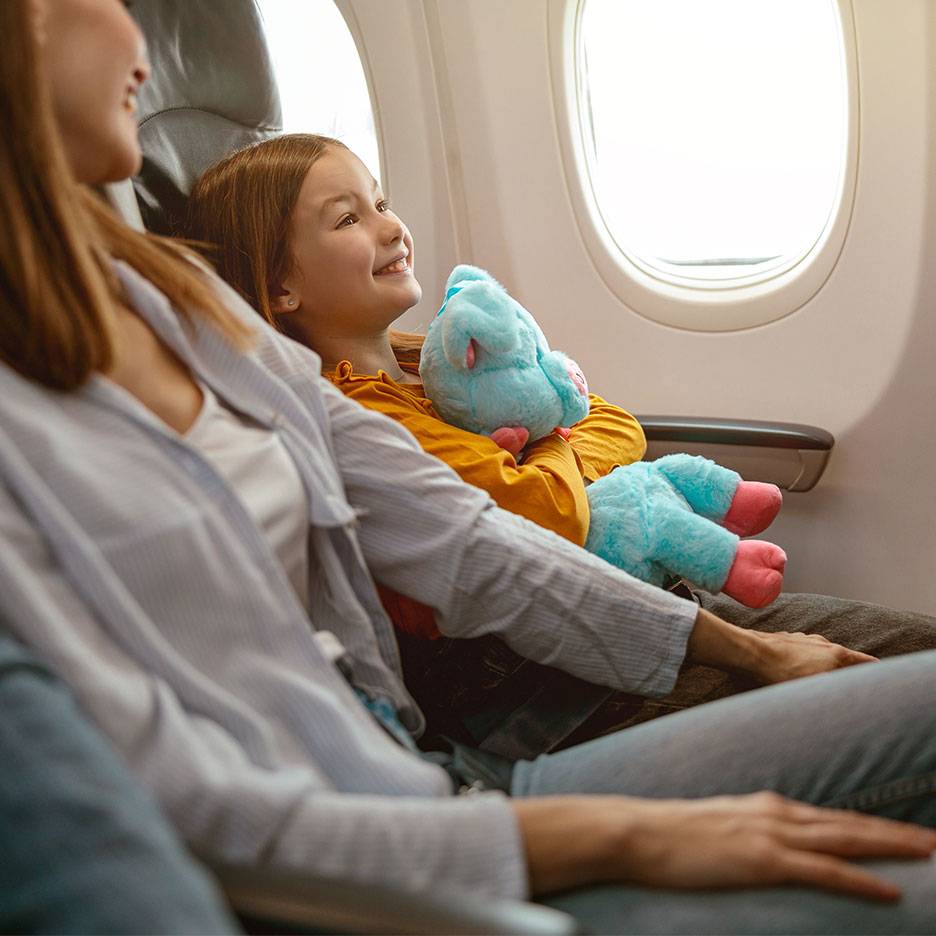 Un enfant avec une peluche regardant par la fenêtre d'un avion à côté d'un adulte.
