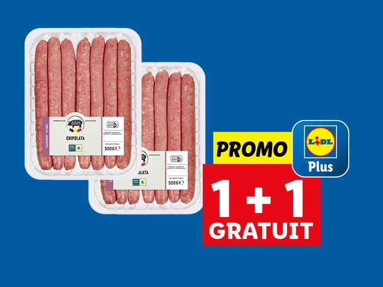 Promo Lidl Plus : Deux paquets de chipolatas/jlatas pour le prix d'un.