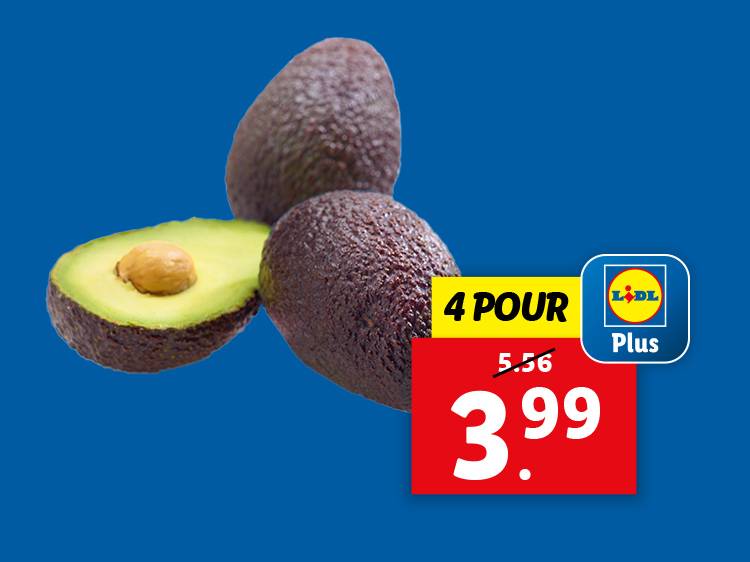 Offre Lidl Plus : 4 avocats pour 3,99 € au lieu de 5,56 €