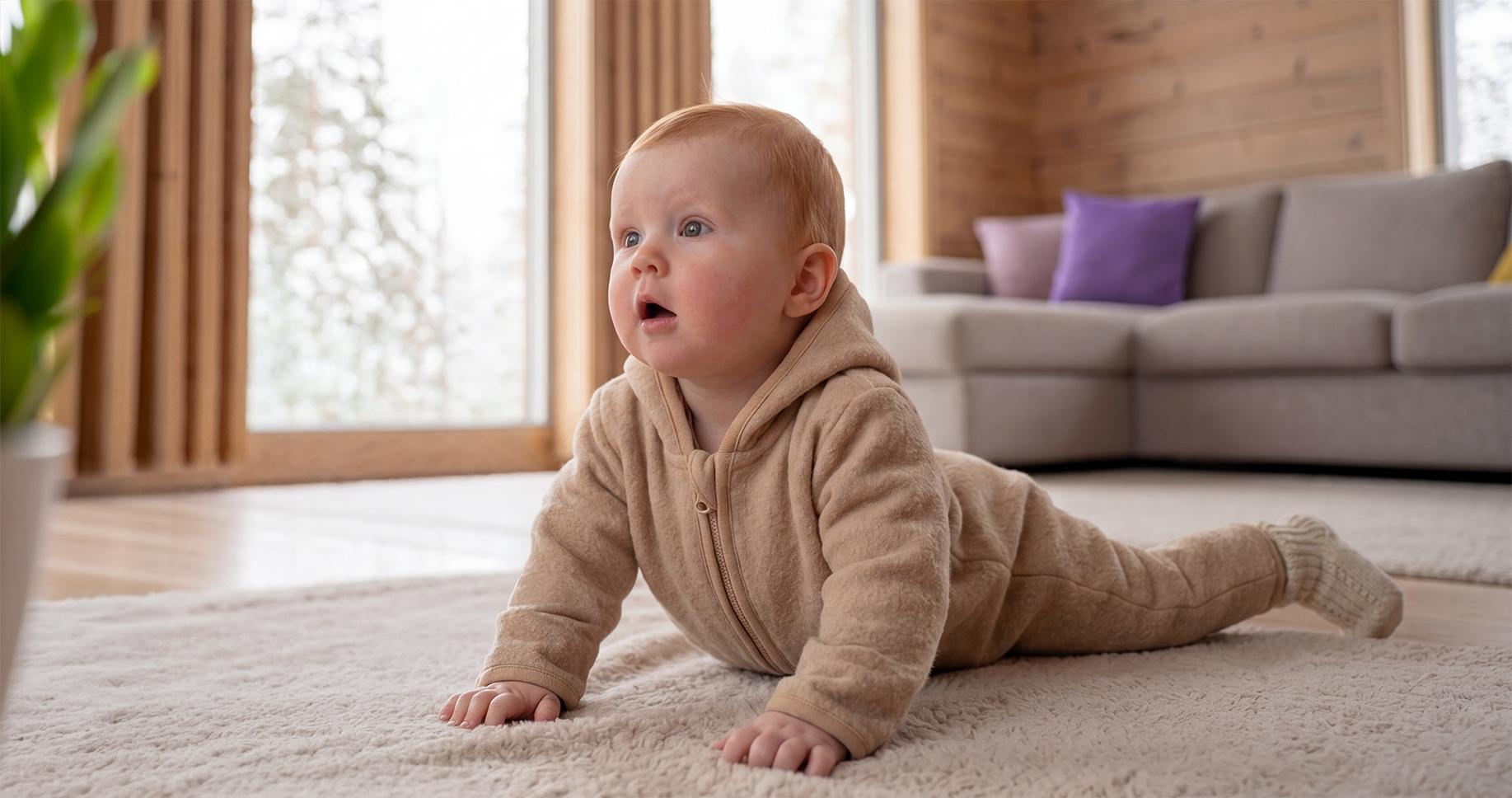 Bébé en combinaison en peluche beige allongé sur le ventre sur le tapis à la maison.