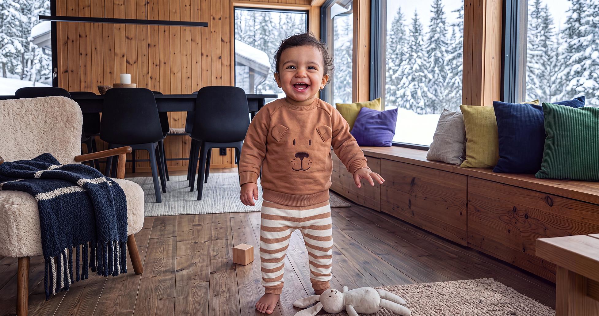 Bébé souriant en pyjama d'ours marron dans un salon d'hiver chaleureux.