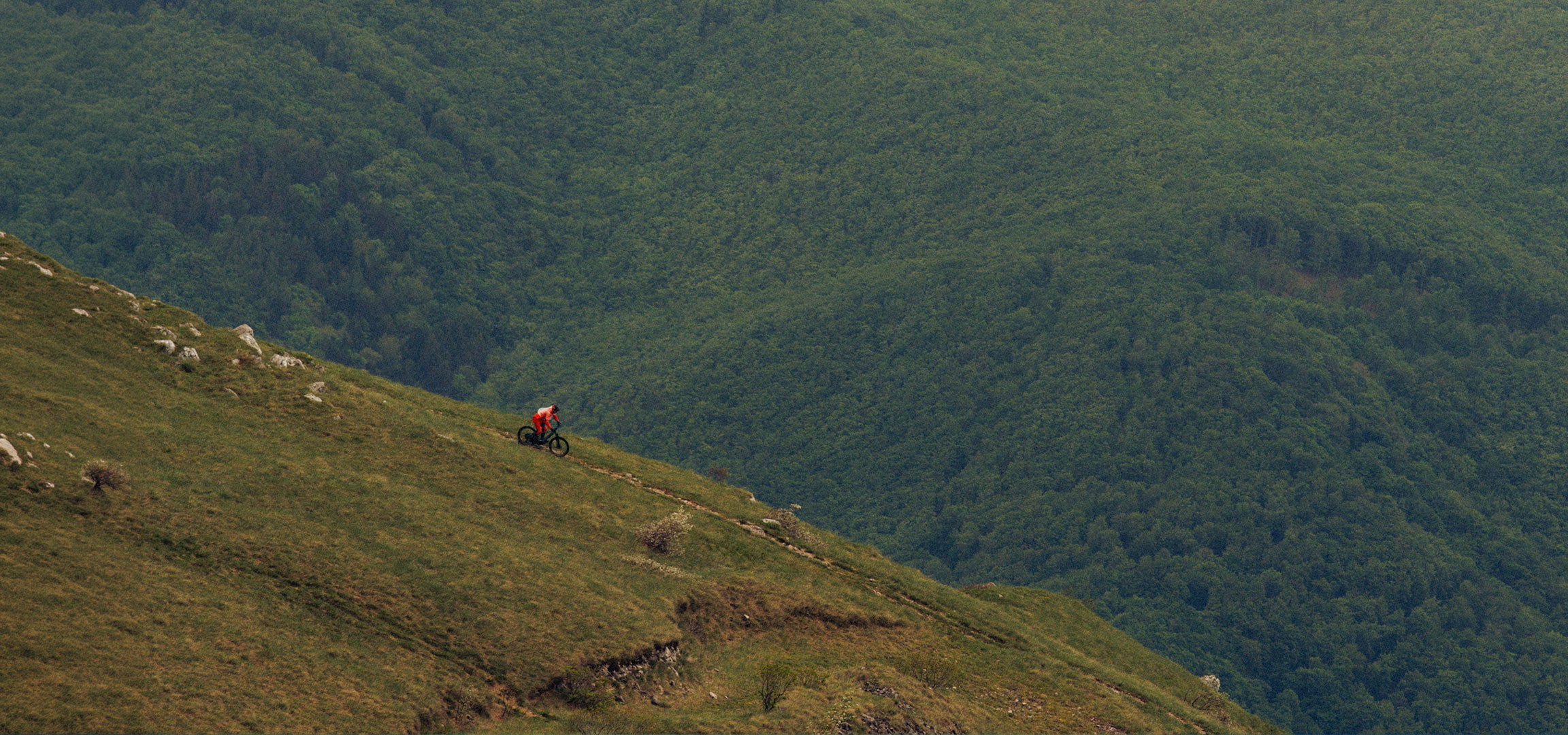 Généré par IA: VTTiste en rouge dévalant une colline herbeuse avec une forêt dense en arrière-plan.